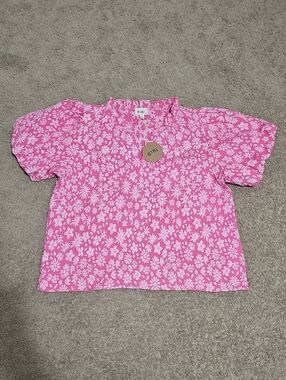 BiBi Pink White Floral Ruffled Puff-Sleeve V-Neck Top Shirt XL NWT